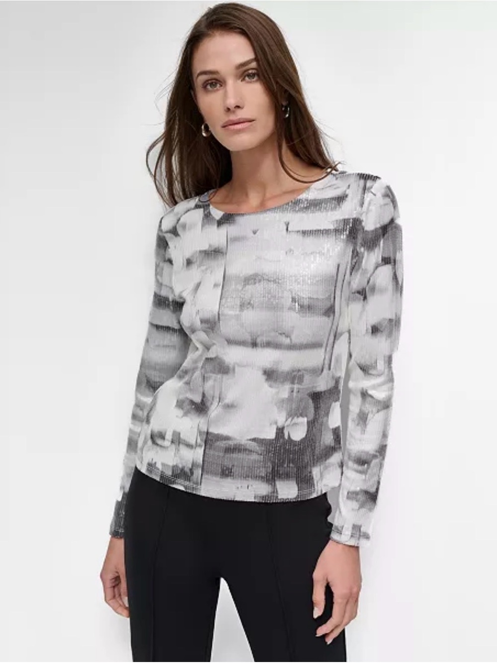 Women's Printed Knit Sequin Long-Sleeve Top